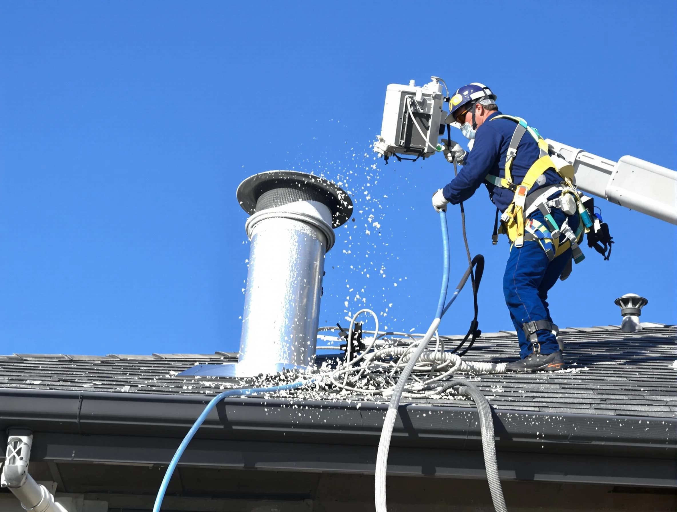 Franklin Dryer Vent Cleaning certified technician safely cleaning a roof-mounted dryer vent in Franklin